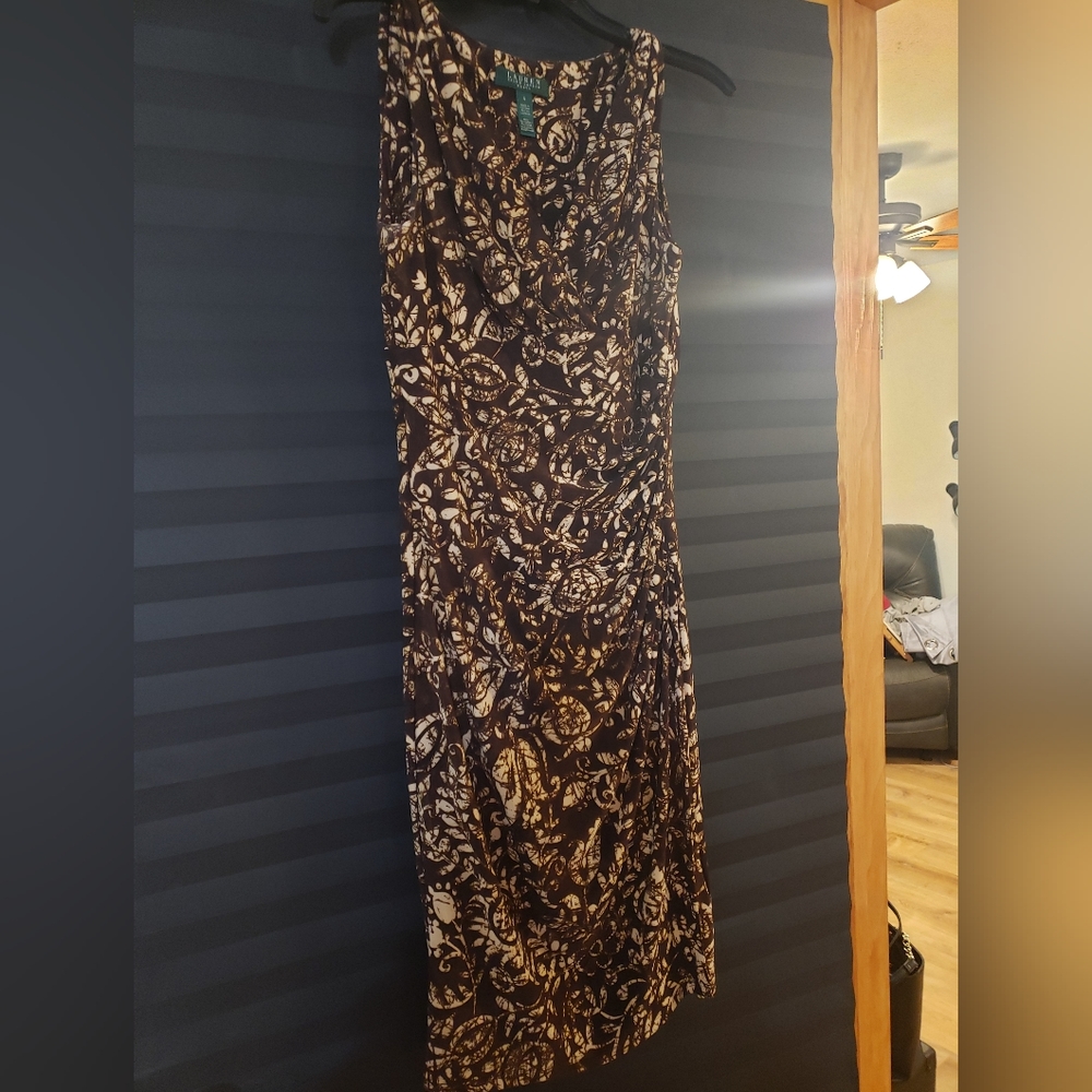 Ralph Lauren womens brown and cream ruched dress. Excellent condition. Size 4